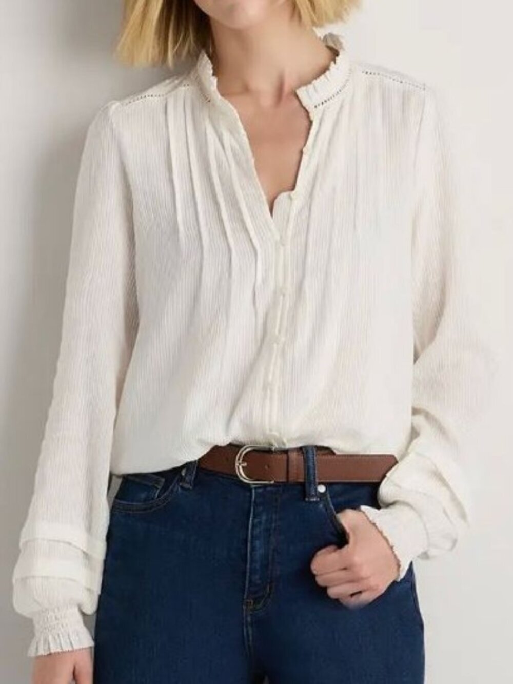 NWT Quince Organic Cotton Textured Cotton Peasant Blouse White XS
